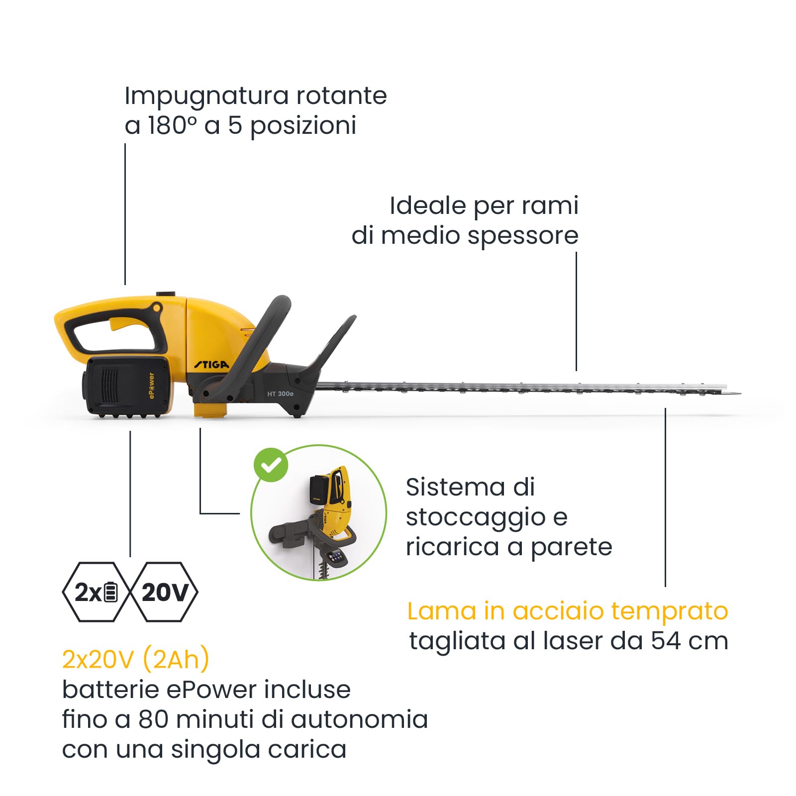 STIGA HT 300e Kit Tagliasiepi a Batteria, 2 Batt. 20V 2Ah + Caric. – Lama 73 cm, Dent. 30 mm – Manico Regol. 180°, Per Siepi e Cespugli