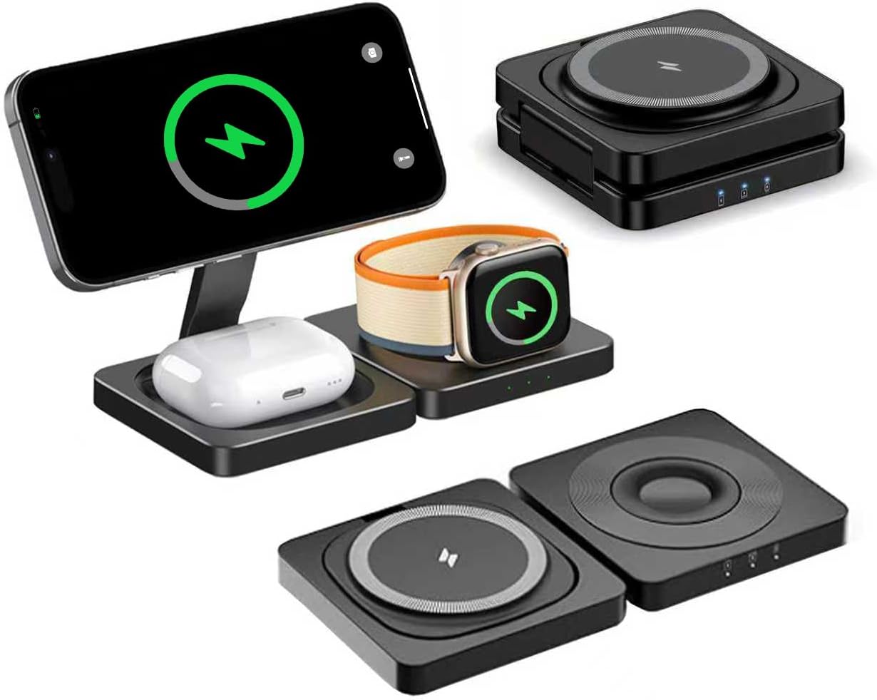 3-in-1 Foldable Wireless Charging Station Compatible with iPhone 17/16/15/14/13/12, Apple Watch, AirPods, Magnetic Fast Charging Stand, Travel Charger