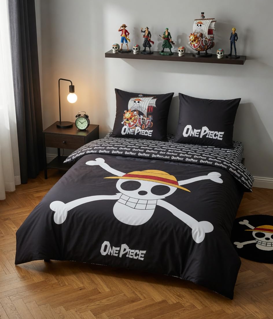 One Piece Bettwäsche 4-teilig Jolly Roger 240x220 + Spannbettlaken 140x200 | Mikrofaser Oeko-Tex | 2 Kissenbezüge 63x63 | Jolly Roger Thousand Sunny | Offizielle Lizenz | Teenager 15-30 | Wendbar