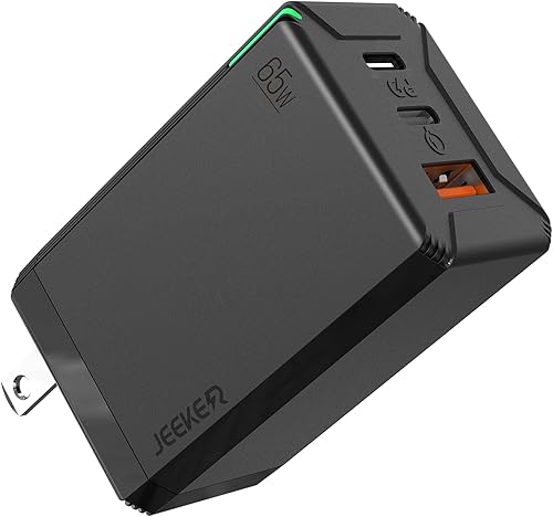 JEEKER Cargador USB C de 65 W GaN de 3 puertos, cargador rápido PD multipuerto USB C cargador de pared adaptador de corriente para MacBook Pro Air,