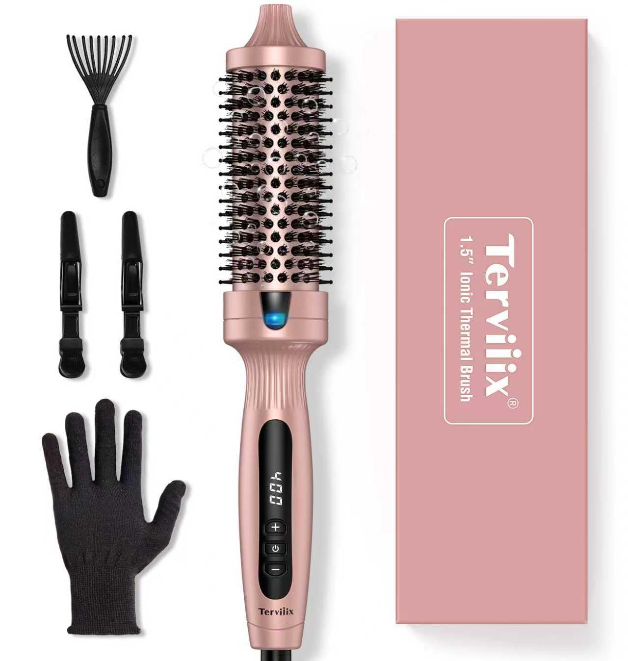Terviiix Thermal Brush Get Voluminous Style, Quick Heating Hot Brush, Ceramic Tourmaline Ionic Heated Curling Iron, Digital Display 9 Temperatures Curling Wand, Dual Voltage, 1.5 Inch 1.5 Inch Rose Gold