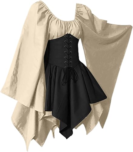 Miniatura 25 de ZWRXW Vestidos góticos para mujer, para Halloween, medieval, retro, renacentista, para disfraz, corsé de manga acampanada, dobladillo irregular