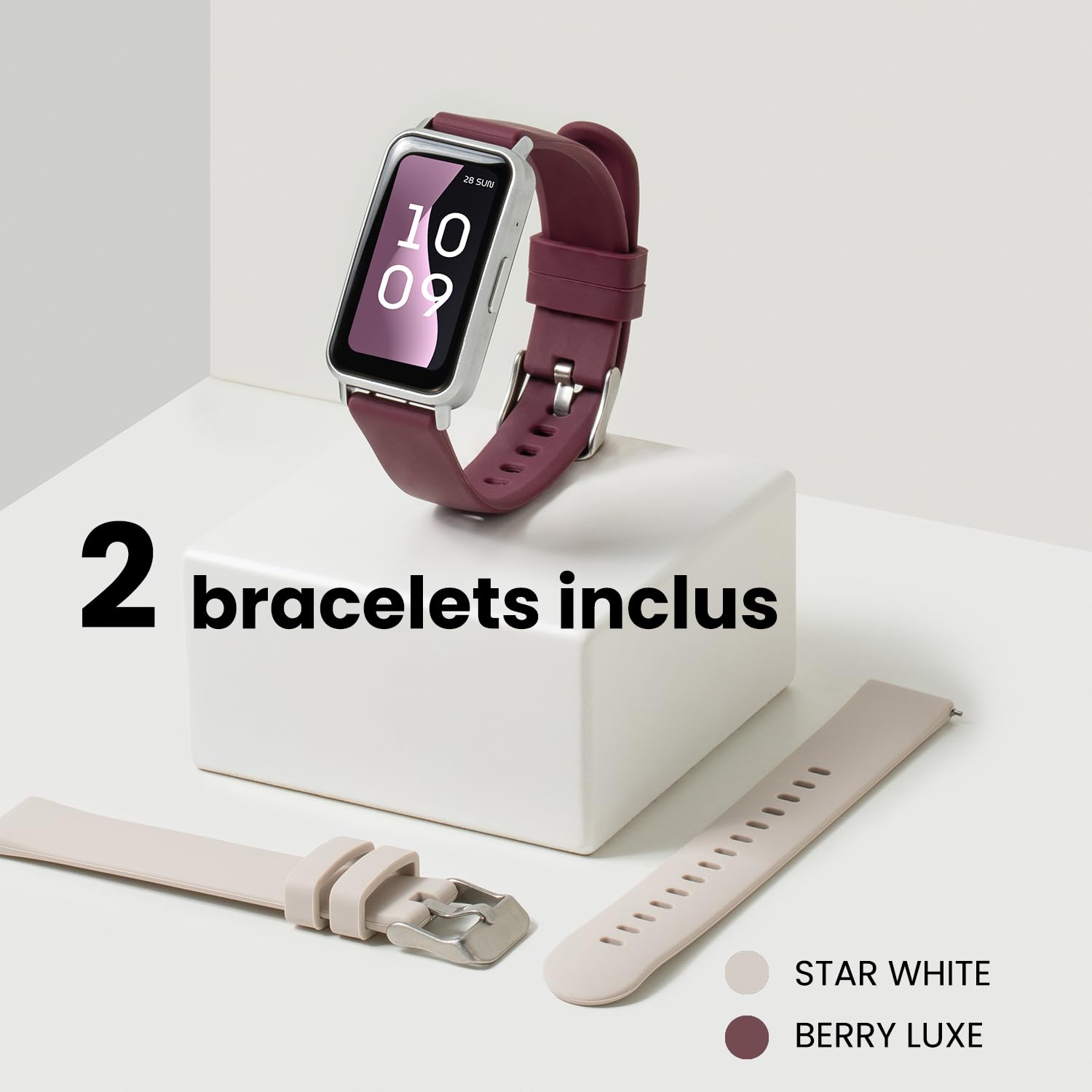 SPC Duo Fit - Bracelet connecté avec écran AMOLED 1,47’’ | Appels Bluetooth et Notifications | +100 Sports | 2 Bracelets Inclus (Beige ou Rouge) | Batterie jusqu'à 8 Jours | IP68 | App Smart You