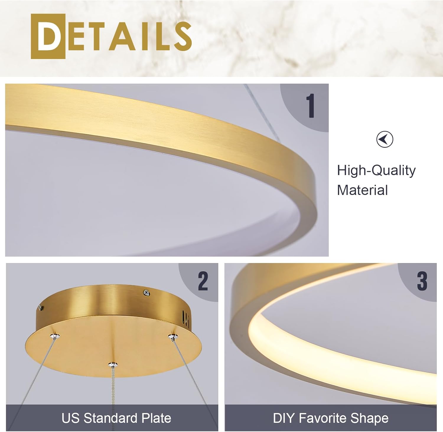 Brushed Gold LED Ring Chandelier 1-Ring 24" Remote Control Dimmable Flush Mount Pendant Chandelier for Dinning Room Office Kitchen Living Room,3000-6500K