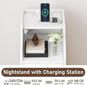 COSTWAY Narrow Bedside Table with Charging Station (White,1)
