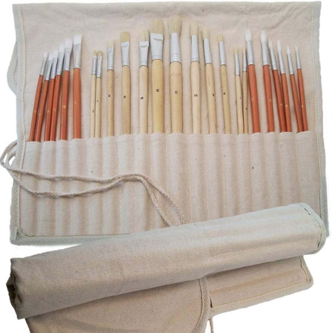 Art Paint Brush Set (24-piece) โ Highest Quality Synthetic and Natural Bristles for Oil and Acrylic โ Includes Free Canvas Storage Holder Case โ Best Variety of Round and Flat Long Handled Brushes โ ***Full One Year Quality Guarantee*** โ Perfect Paintbrush Kit with Organizer Case for Artists, Art Students, Kids and Crafters By Kehn Creations (Tm) Premium of Art and Craft Supplies