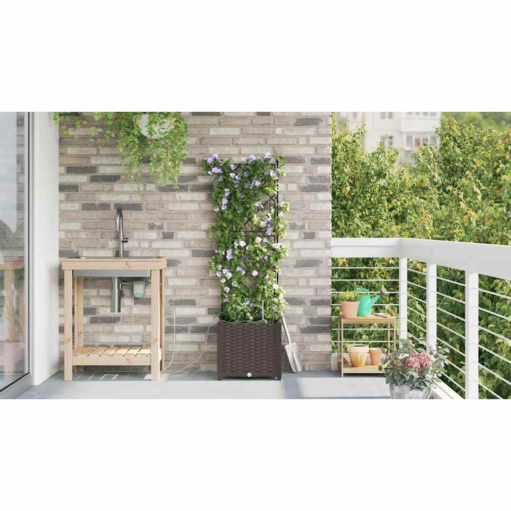 Jardinière à arrosage automatique pour l'extérieur : pot de fleurs de jardin en plastique marron avec système d'arrosage pratique pour la terrasse