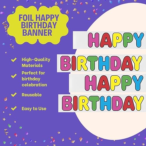 Miniatura 4 de Unique Cartel de feliz cumpleaños de papel aluminio multicolor (1 unidad) – 12 pies de largo – Fácil montaje – Decoración duradera y festiva para