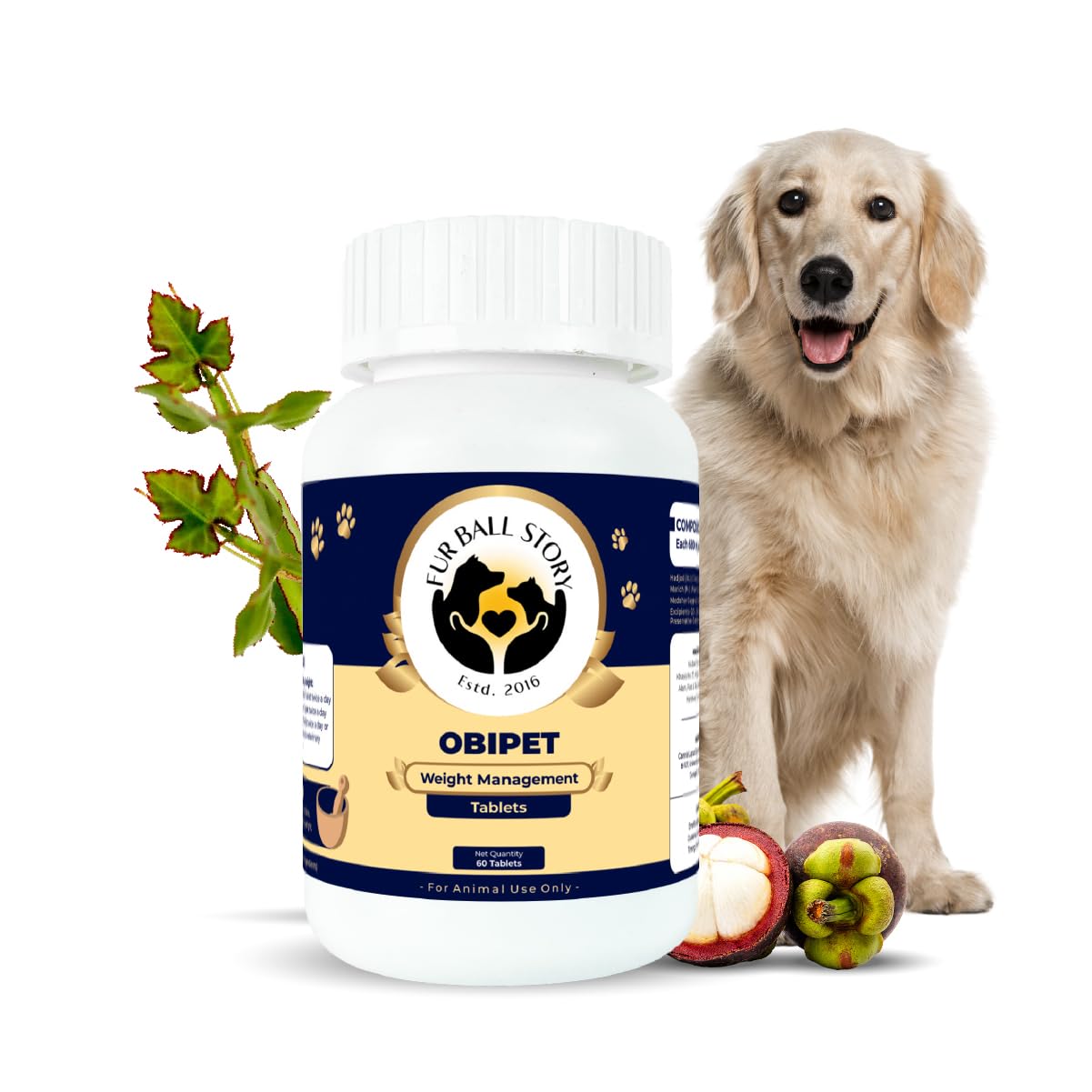 FUR BALL STORY Obipet Dog Weight Management Supplement 60 Tablets | Ayurvedic Metabolism Booste | Reduces Bloating & Gastric Issues | Controls Appetite | Vet Approved