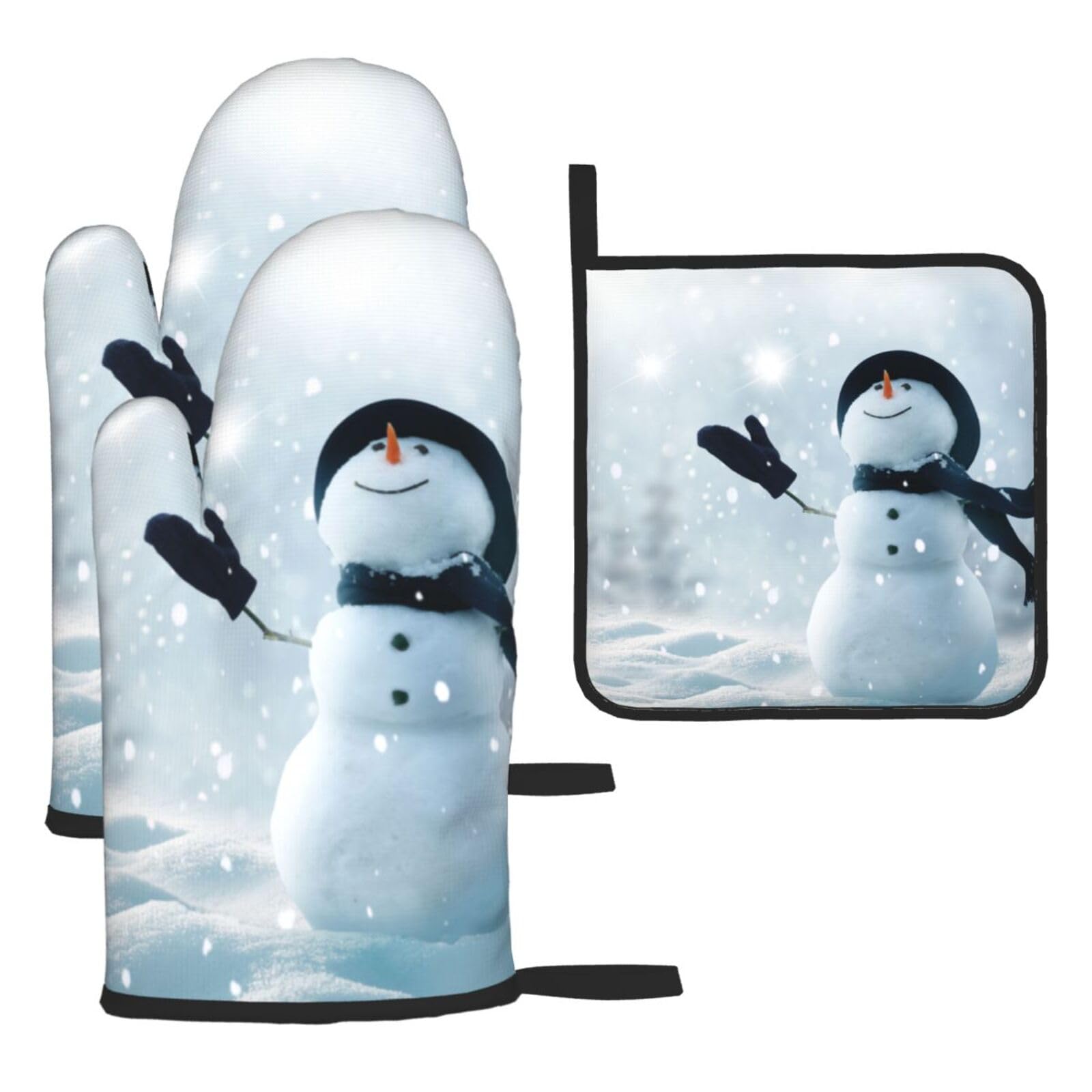 Christmas Happy Snowman Print Oven Set Kitchen Gloves Baking Grilling Microwaving Cooking Gift Everyday Holiday