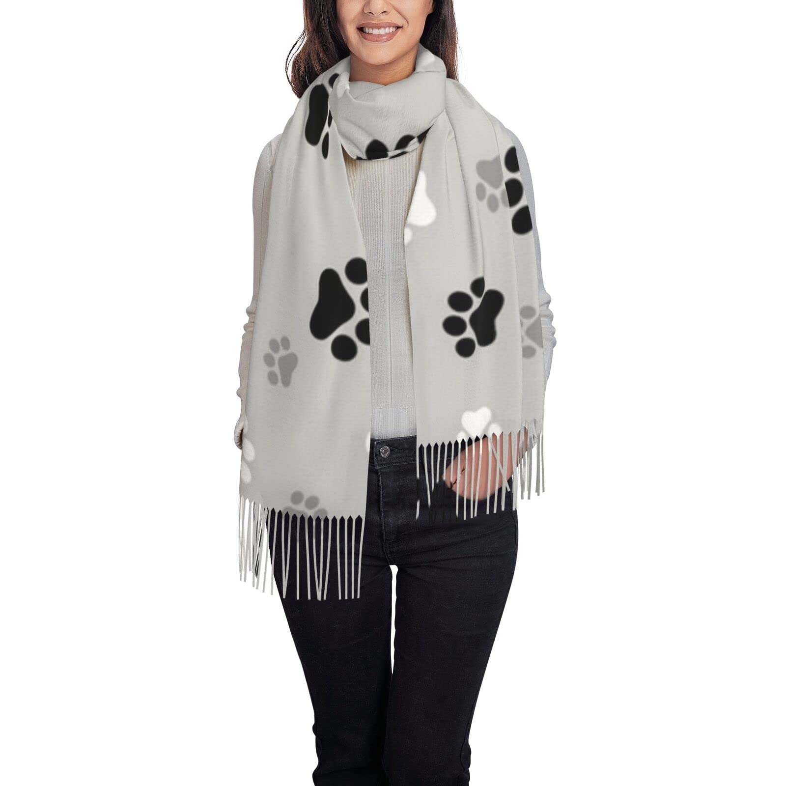 ASEELO Animal Paw Prints Women Scarves Winter Long Soft Warm Wraps Wool Tassel Shawl Stole Scarf Ladies