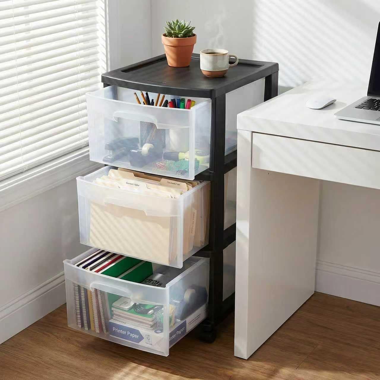 3 Drawer Rolling Plastic Storage Cart with Large Durable Clear Drawers and Removable Wheels, Suitable for Bedroom, Dormitory, Closet, Kitchen and Office (BLACK)
