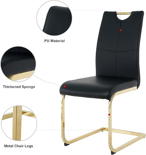 Miniatura 9 de Juego de 4 sillas de comedor modernas con asiento acolchado de piel sintética, diseño de patas de metal dorado para cocina, sala de estar,