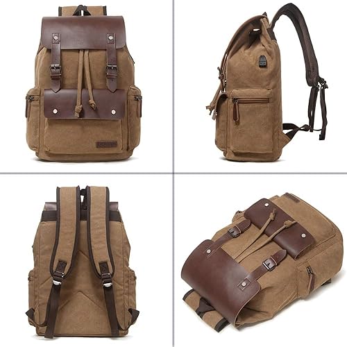 Miniatura 4 de LACATTURA Mochila de cuero vintage para hombres y mujeres, mochila de lona de mezclilla para portátil