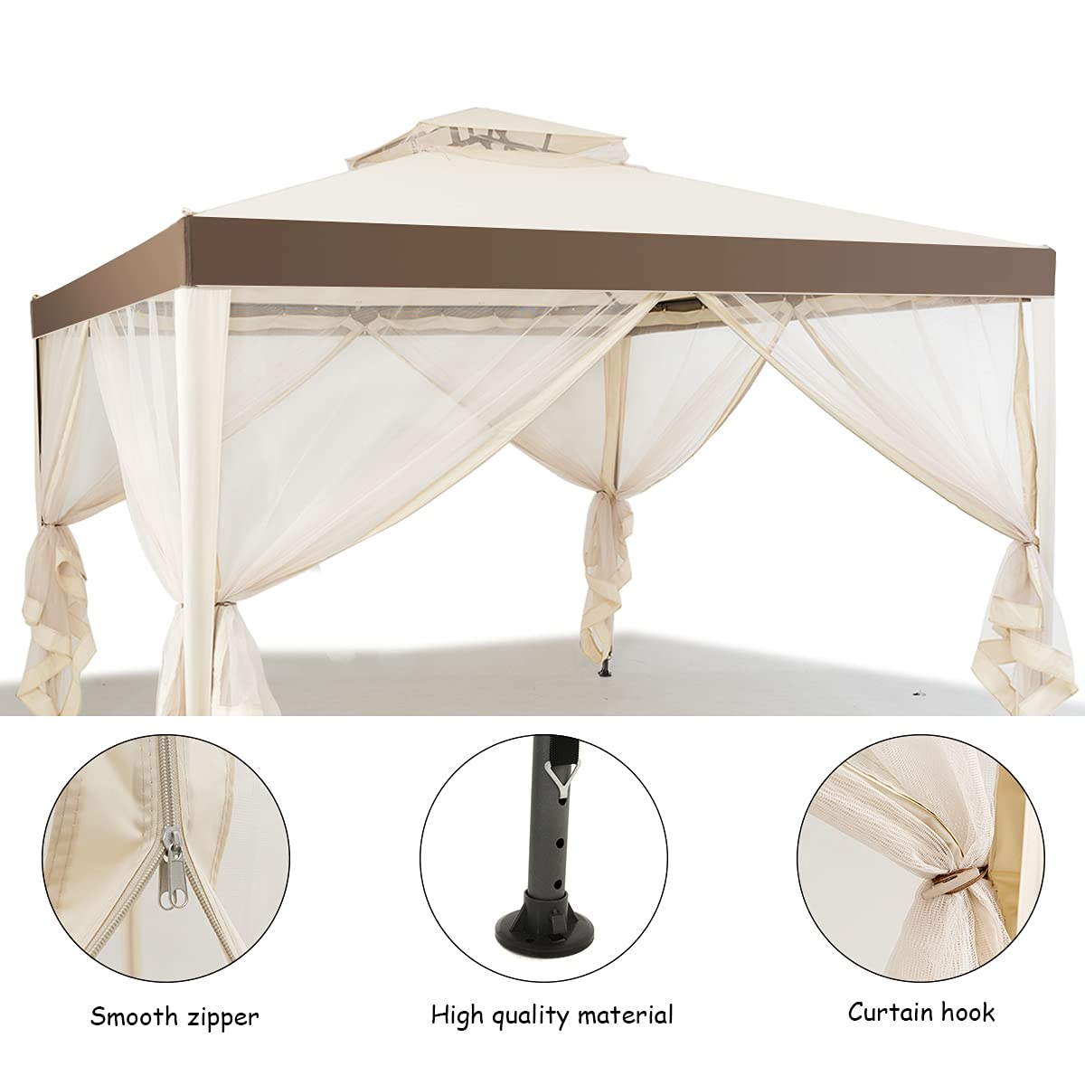 GIANTEX 3 x 3M Gazebo da Giardino, con Tetto e Tende di Struttura in Acciaio, 4 Tende Laterali, Ventilazione e Zanzariere, Traspirante e Comodo per Parco/Giardino/Balcone, 2 Colori (beige)