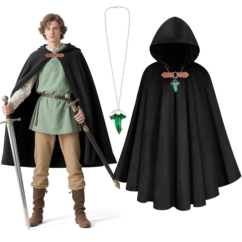 BSBUY Medieval Costume Cloak with Hood Men Renaissance Hooded Coat Vintage Gothic Witch Wizard Robe Hooded Cape with Green Leaf Brooch Necklace for Halloween World Book Day Fancy Dress Costume(Black)