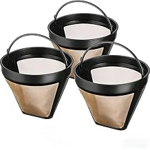 Taller #4 Reusable Coffee Filter, Gold-Tone Permanent Cone Filter Replacement Compatible with KRUPS, Braun BrewSense, DeLonghi 12-Cup Drip Coffeemakers & Ninja Coffee Bar, No-Overflow Design-3 Pack