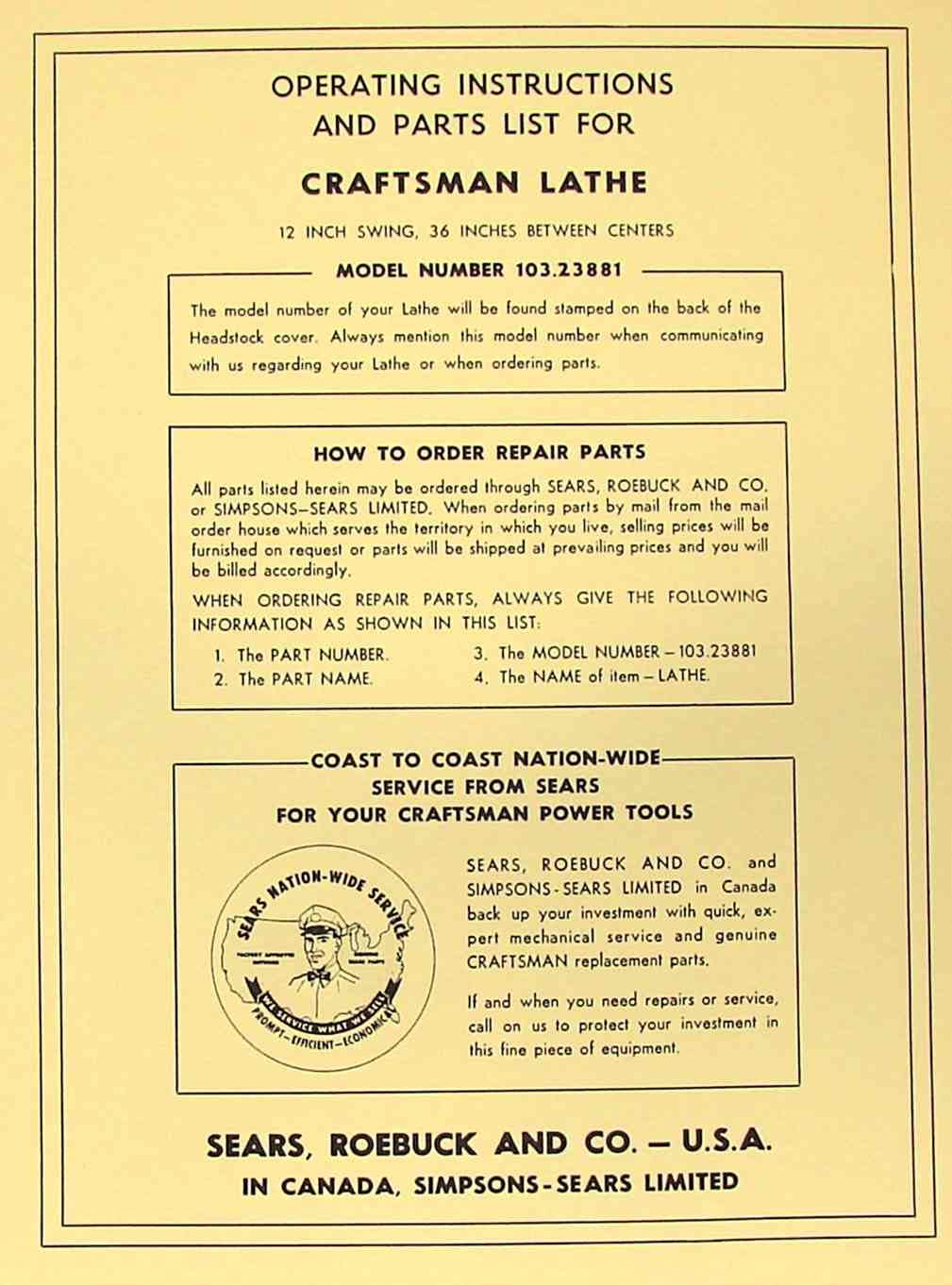 Cover of the Craftsman 103.23881 Wood Lathe Instructions and Parts Manual