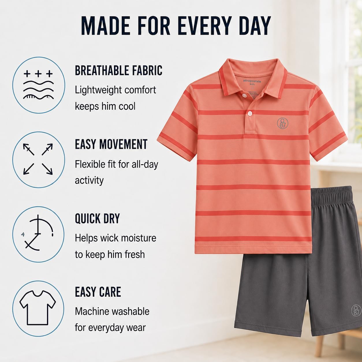 AEROPOSTALE Boys Shorts Set 2 Piece Polo Shirt and Matching Shorts | Structured Collar, Two-Button Placket, Embroidered Logo Detail, Short Sleeve Design