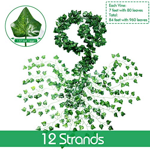 12 Strands 84 Feet Artificial Ivy Leaf Christmas Plants Vine Hanging Garland Fake Foliage Flowers With 100 Led String Light And 20 Pieces Adhesive Cable Clips For Christmas Garden Indoor Wall #TOP1
