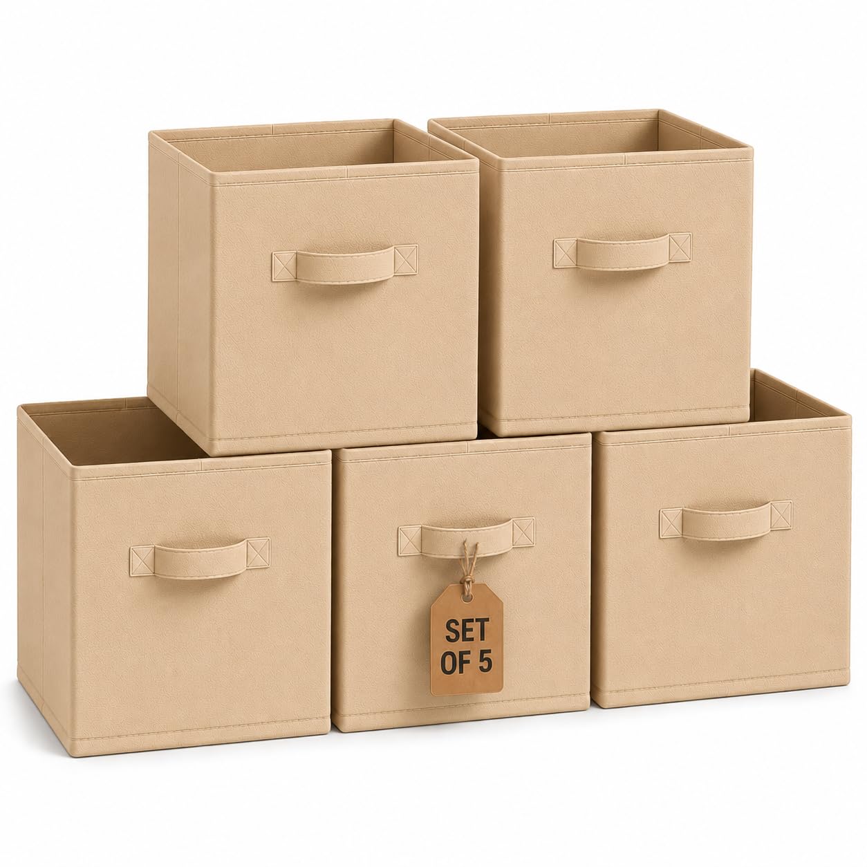 A406 5 Pack Storage Cube Boxes, Foldable Fabric Storage Bins with Handles, Cube Organiser Baskets for Kallax Shelving Units, Toy Clothes Storage (Beige, 30x30x30cm)