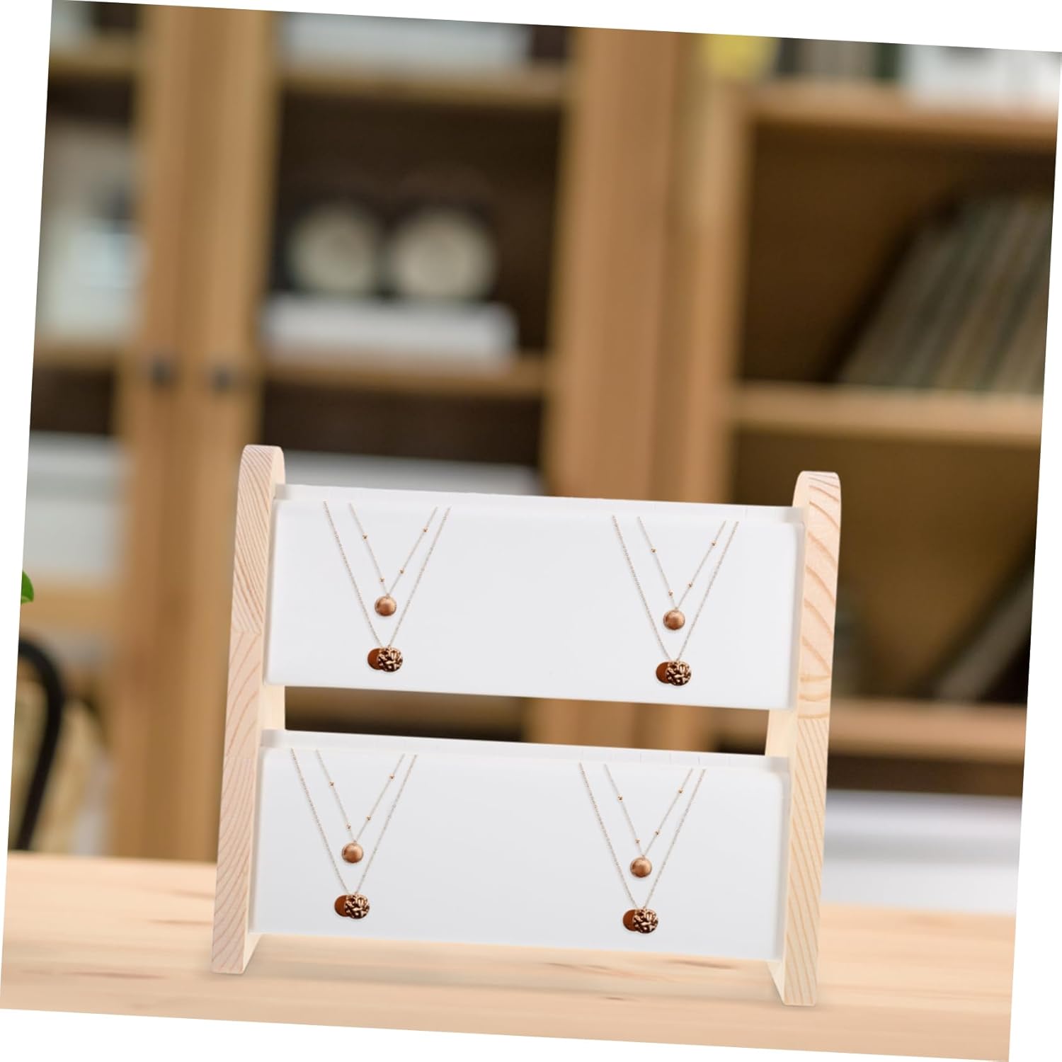Wooden Jewelry Stand Double Layer Necklace Holder Display Rack for Pendants and Necklaces Stable and Jewelry Organizer Stand with Minimalist Design for Store and Home Use