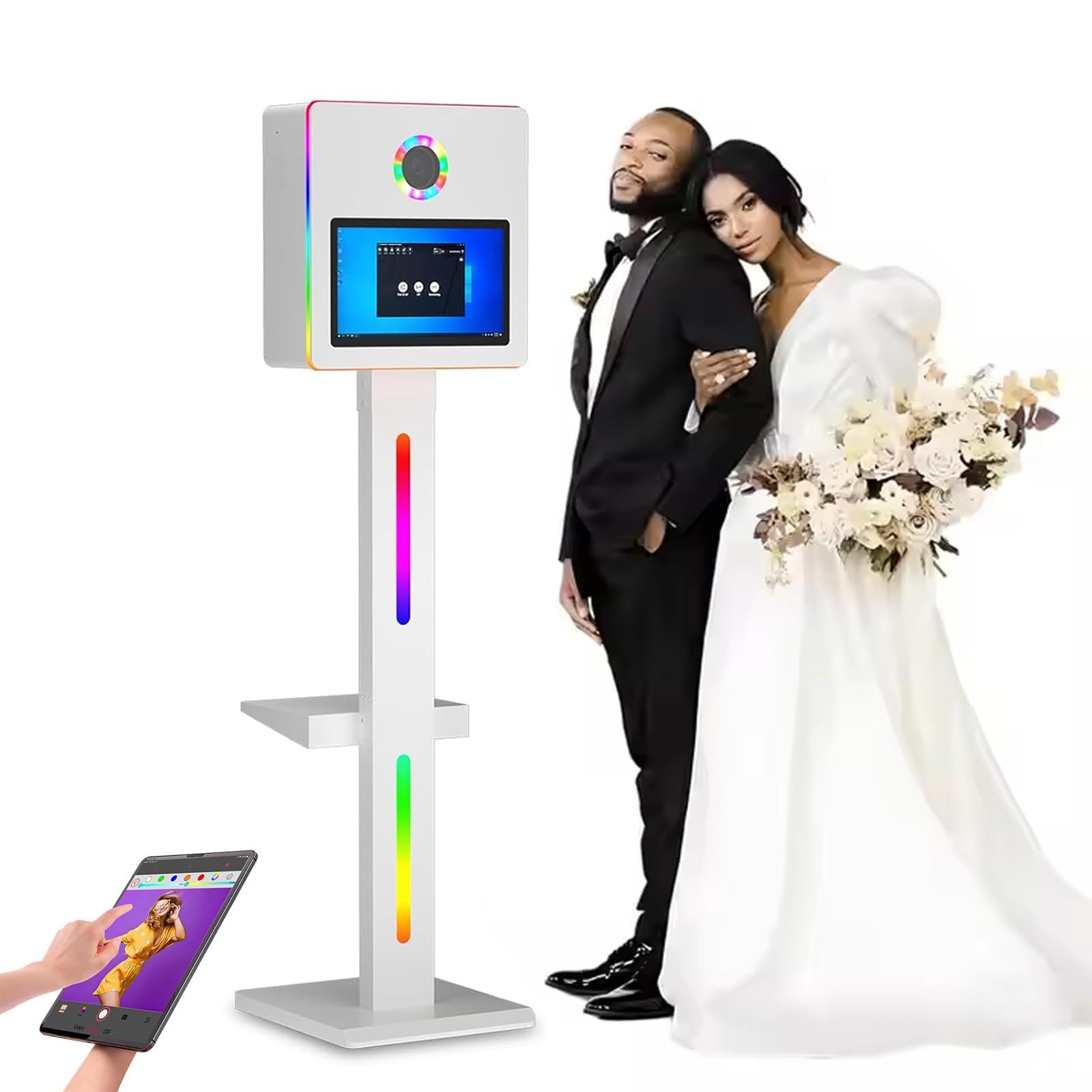 Fotobudka z ekranem dotykowym z oświetleniem RGB, pilot zdalnego sterowania, zawiera dokumenty fotograficzne i walizkę lotniczą, idealna na wesela i imprezy