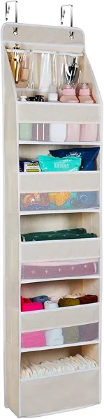 Univivi 6-Shelf Over Door Hanging Organizer Fabric Baby Door Storage with 5 Large Pockets and 3 Small PVC Pockets Wall Mount Hanging Storage Organizers for Baby Essential (Beige)