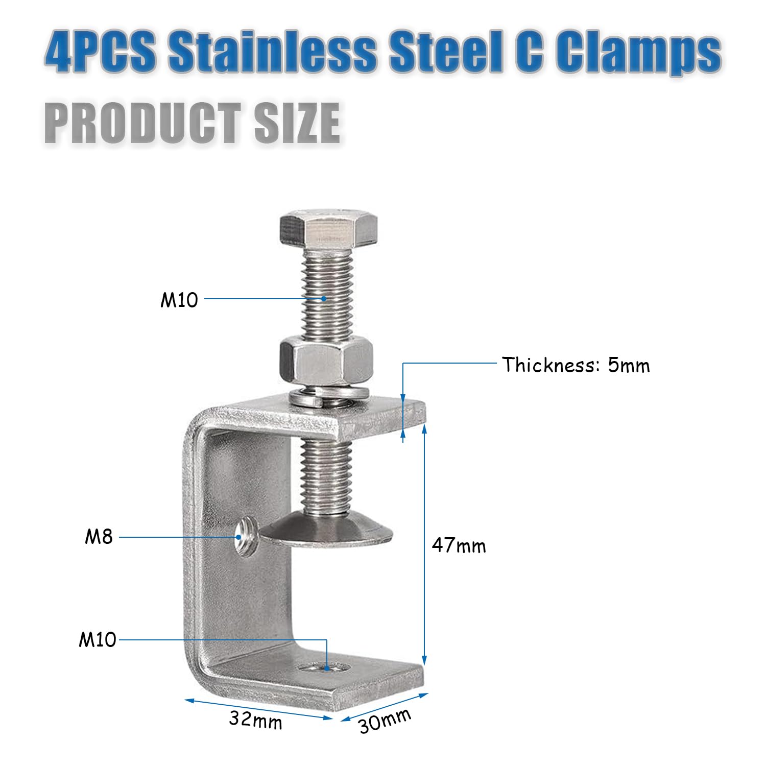 Cobenga 4 Pcs Stainless Steel Small C Clamp Set, 25-42 mm Heavy Duty Metal C-clamp - Image 2