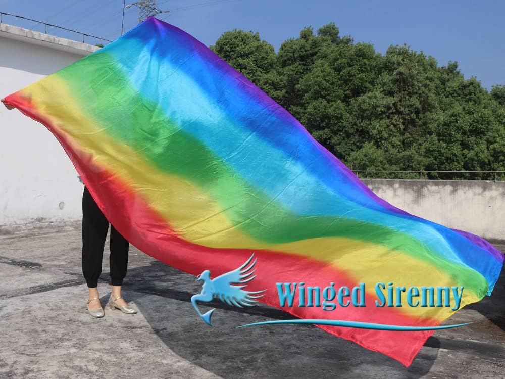 Winged Sirenny 3yds x 54" Large Belly Dance Silk Veil, Real Sheer Silk Luxury Bellydance Scarf with Hand Rolled Edges