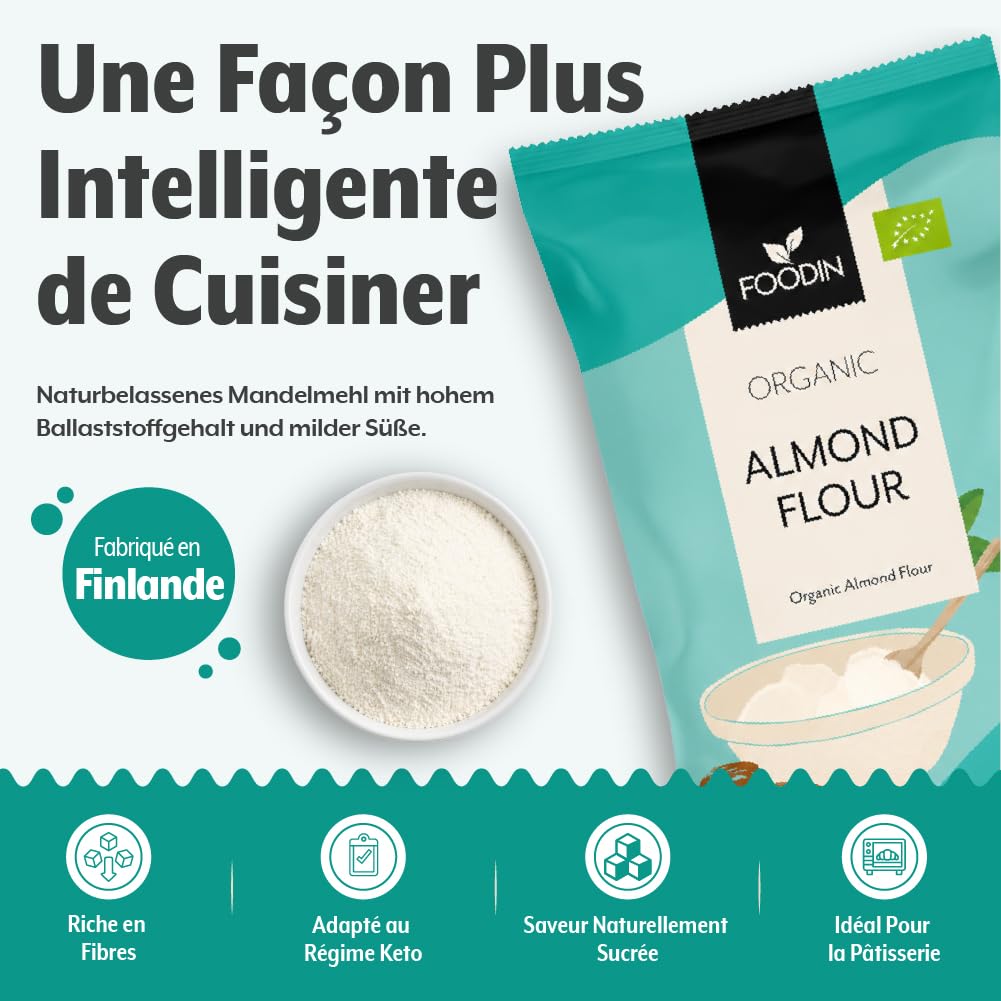 FOODIN Farine d’Amande Bio 350 g – Finement Moulue & Riche en Protéines – Sans Gluten – Idéale pour Pâtisserie Low Carb & Recettes Keto