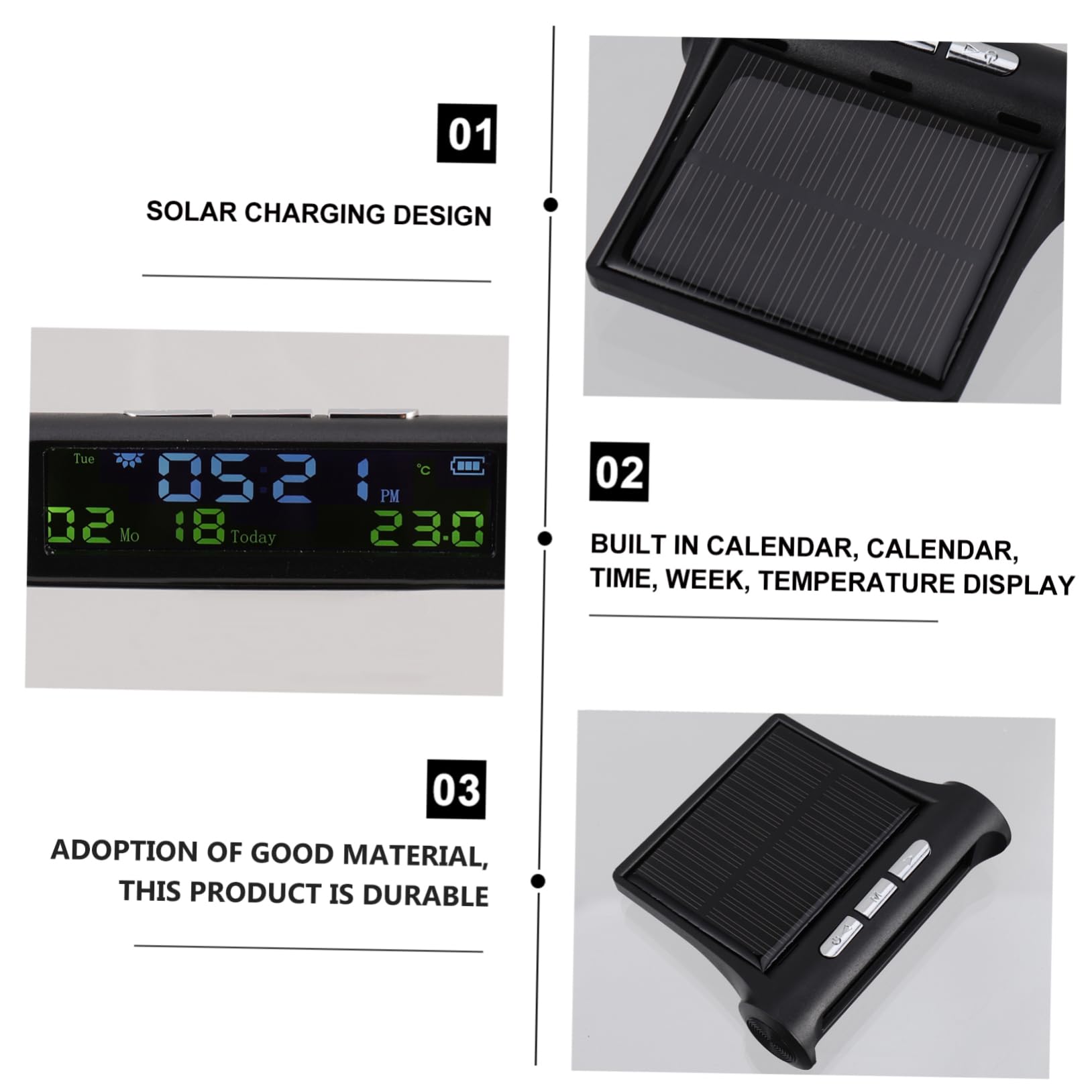 OUNONA Reloj Digital Solar Para Decoración De Salpicadero De Coche Innovador Con 3 Piezas Para Calendario Y Visualización De Temperatura.