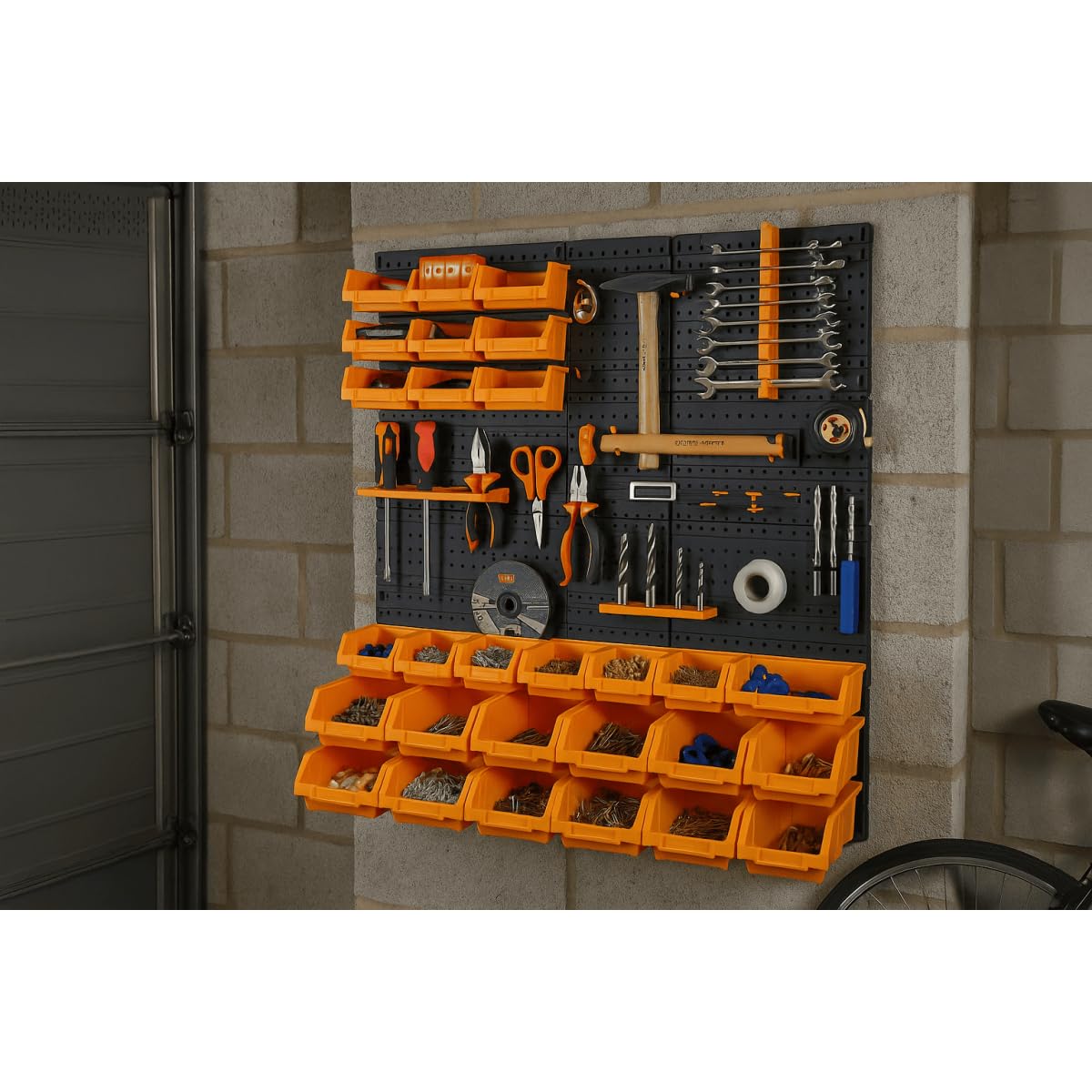 INTEC - Pannello a parete porta attrezzi completo (66 x 78 cm): 4 pannelli perforati, 27 contenitori (piccoli/grandi) e 38 ganci per un laboratorio organizzato