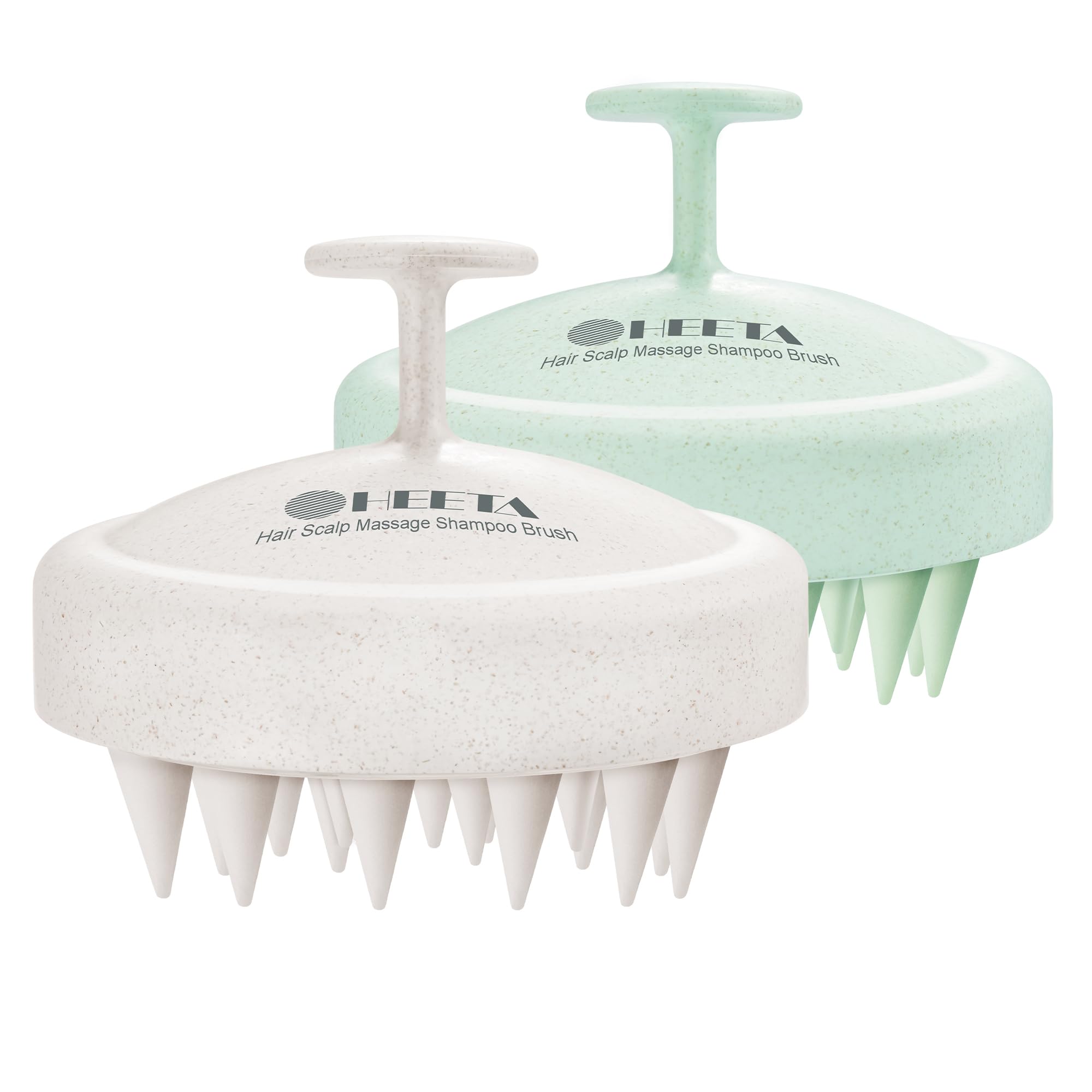 HEETA 2 Pack Hair Scalp Massager Shampoo Brush, Hair Scalp Scrubber with Soft Silicone, Wet and Dry Detangler, Wheat Straw Material, Beige & Green