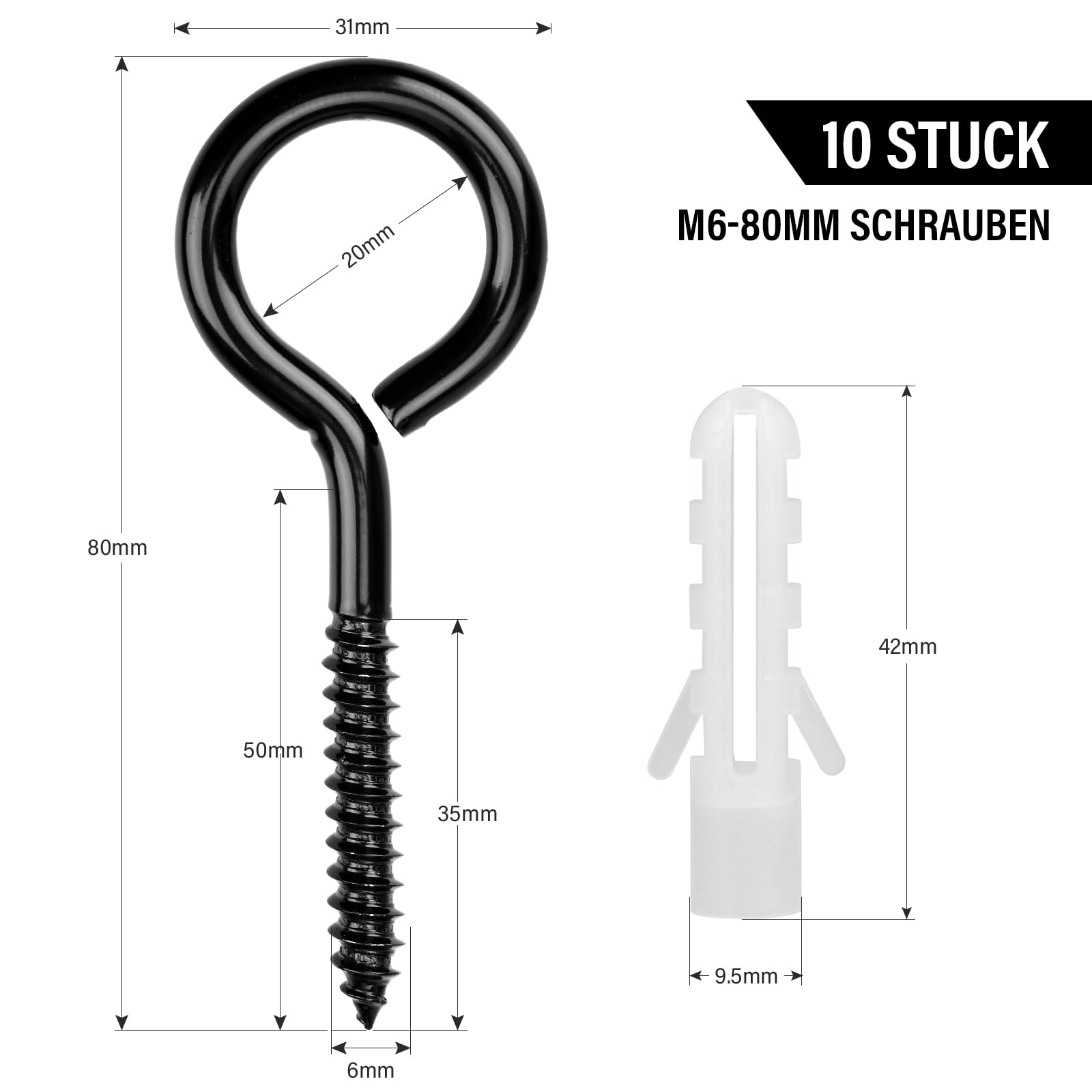 10 sztuk śrub oczkowych ze stali nierdzewnej M6 x 80 mm, oczka śrubowe Heavy Duty, duże śruby pierścieniowe, haki oczkowe, haki śrubowe do hamaków, markiz, krzeseł bujanych, kabli stałych