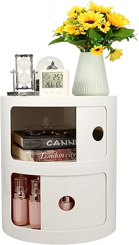 Mesita de noche redonda de 2 niveles, armario de almacenamiento estrecho, armario de almacenamiento pequeño y elegante, no requiere instalación,