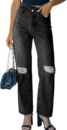Amazon.com: GOSOPIN Jeans rectos desgastados de cintura media para mujer,  pantalones de mezclilla rasgados de pierna ancha : Ropa, Zapatos y Joyería