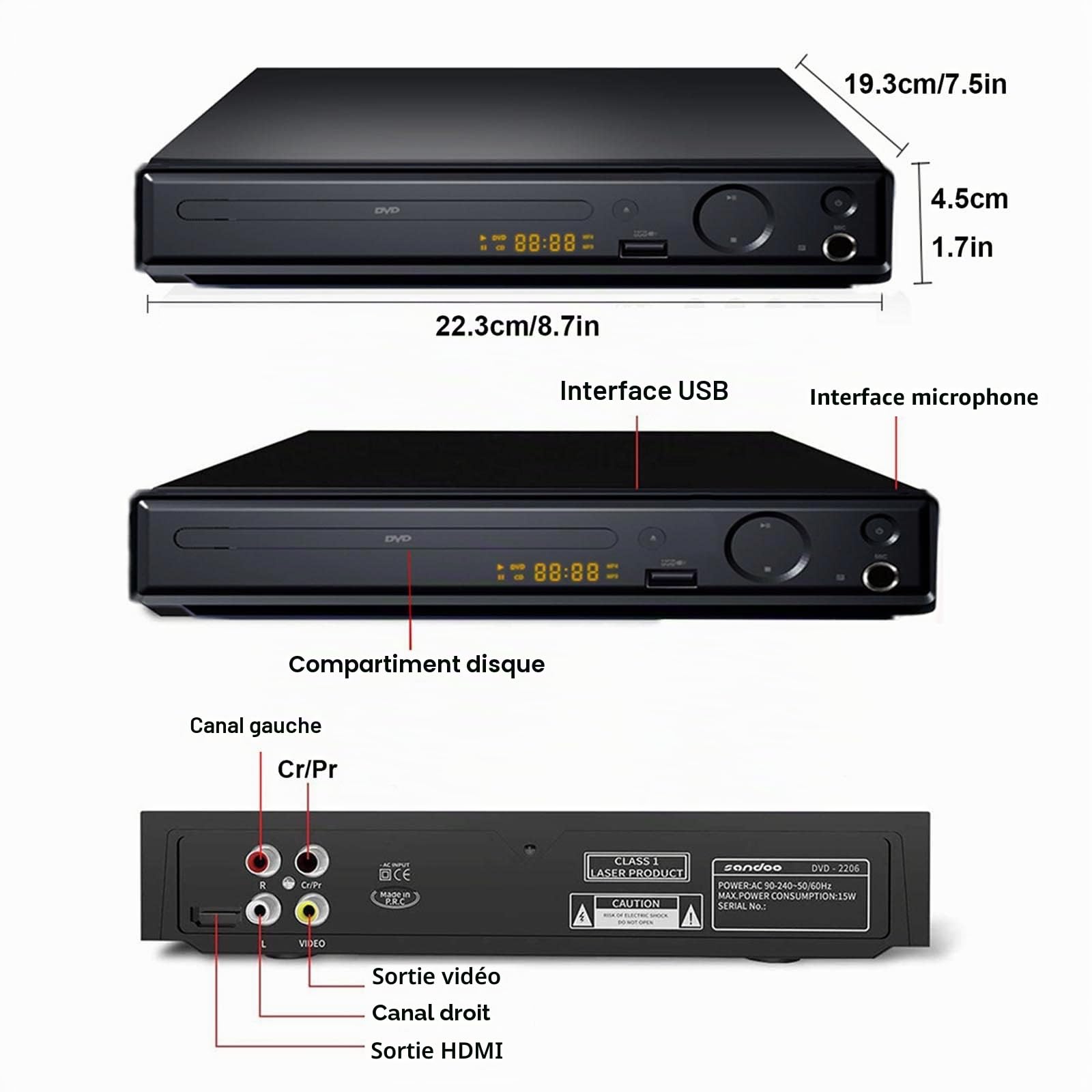 Lecteur DVD de Protection des Yeux Blu-Ray 4K, Lecture HDMI Home VCD HD, avec Prise USB/Mémoire de Mise Hors Tension