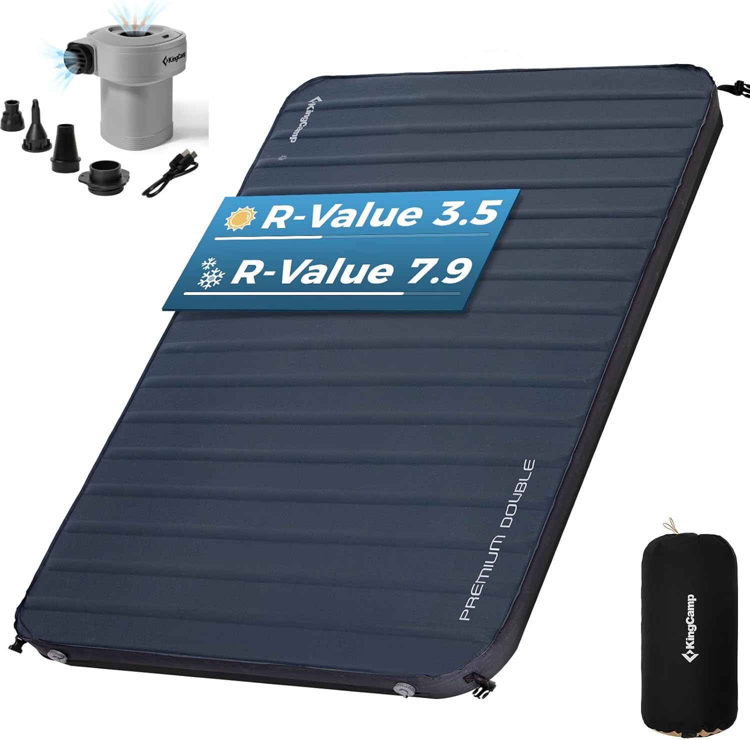 KingCamp Self Inflating Sleeping Pad, R 3.5/7.9 Dual Side Air & Foam Camping Mattress 2 Person for All Seasons, 3" Thick Full Size Double Sleeping Pad with Pump for Camp Tent Outdoor Car, PVC Free