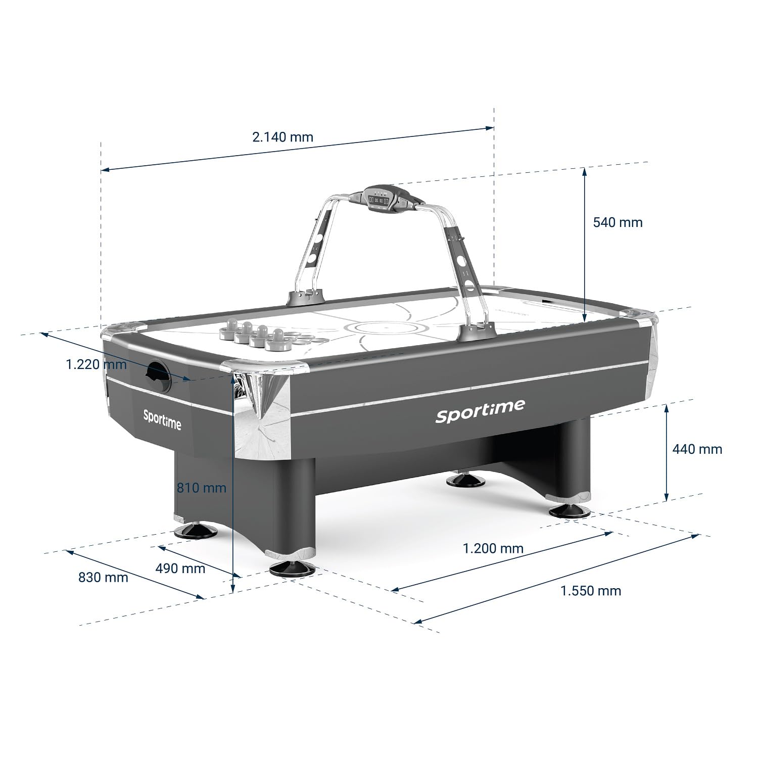 Sportime Airhockeytisch Blizzard | Freizeit Airhockey-Tisch mit Luft-Gebläse, Elektronischem Zähler, 4X Schlägern, 6X Pucks | 116 kg | 213x122x81cm | Einsatzbereiche Privat
