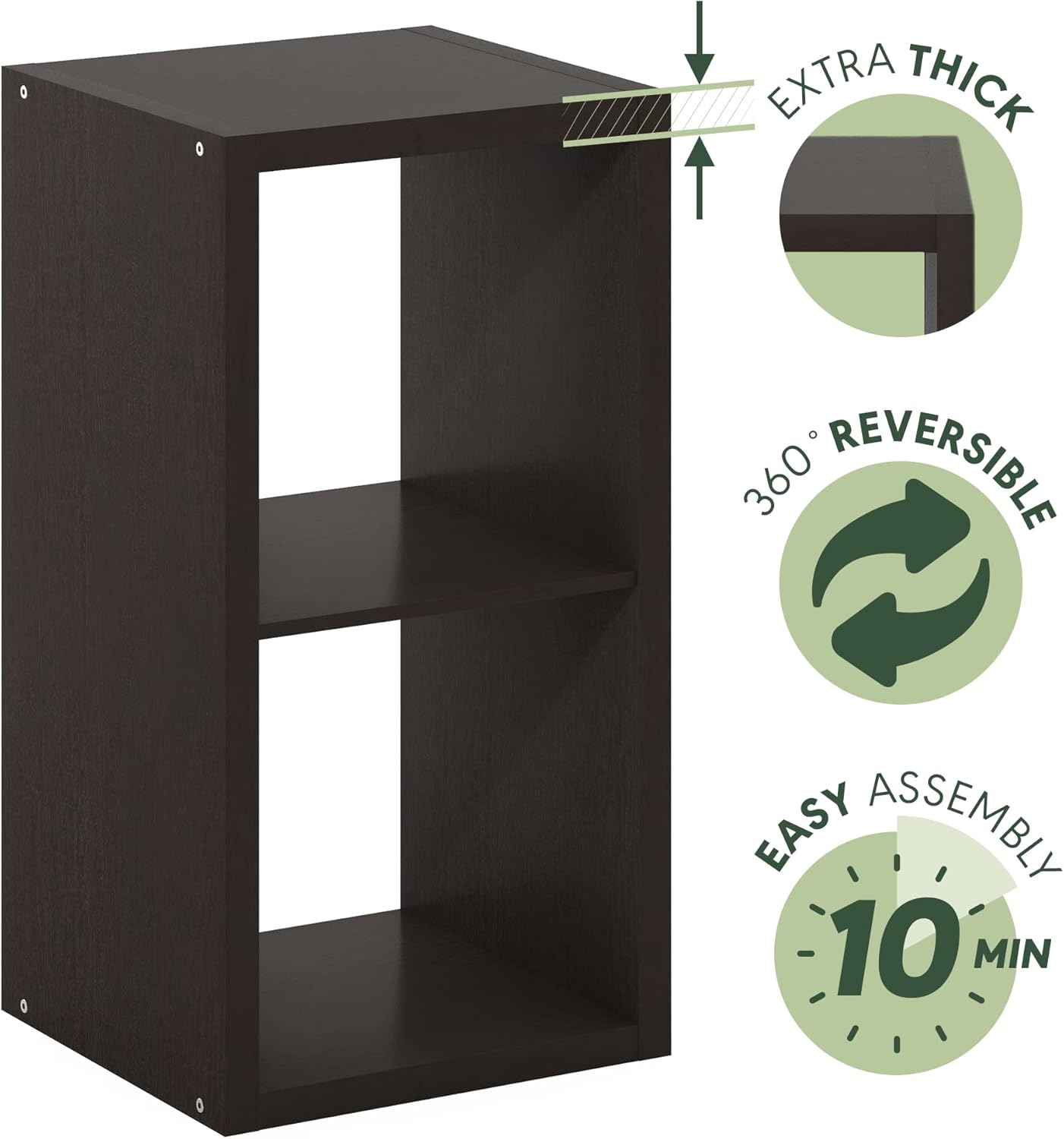 Furinno CUBICLE Book Shelf, 2-Cube Bookshelf, Extra Thick Frame Horizontally & Vertically Reversible Bookcase with Open Back, 14.6" x 16" x 30", for Living Room, Bedroom, Home Office, Black Dark Oak