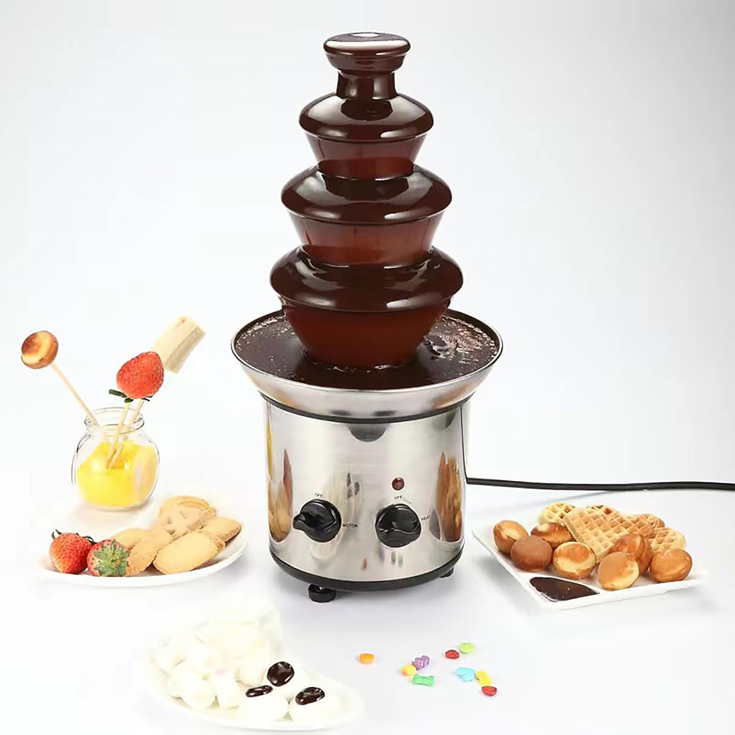 Electric Chocolate Fountain Machine, 4 Tiers Chocolate Fondue Tower, Knob Adjusted+Simple Operation, Stainless Steel/Easy to Clean