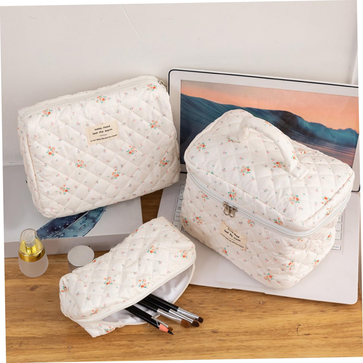 Bolsa de Maquillaje Floral de Algodón, Juego de 3 Piezas
