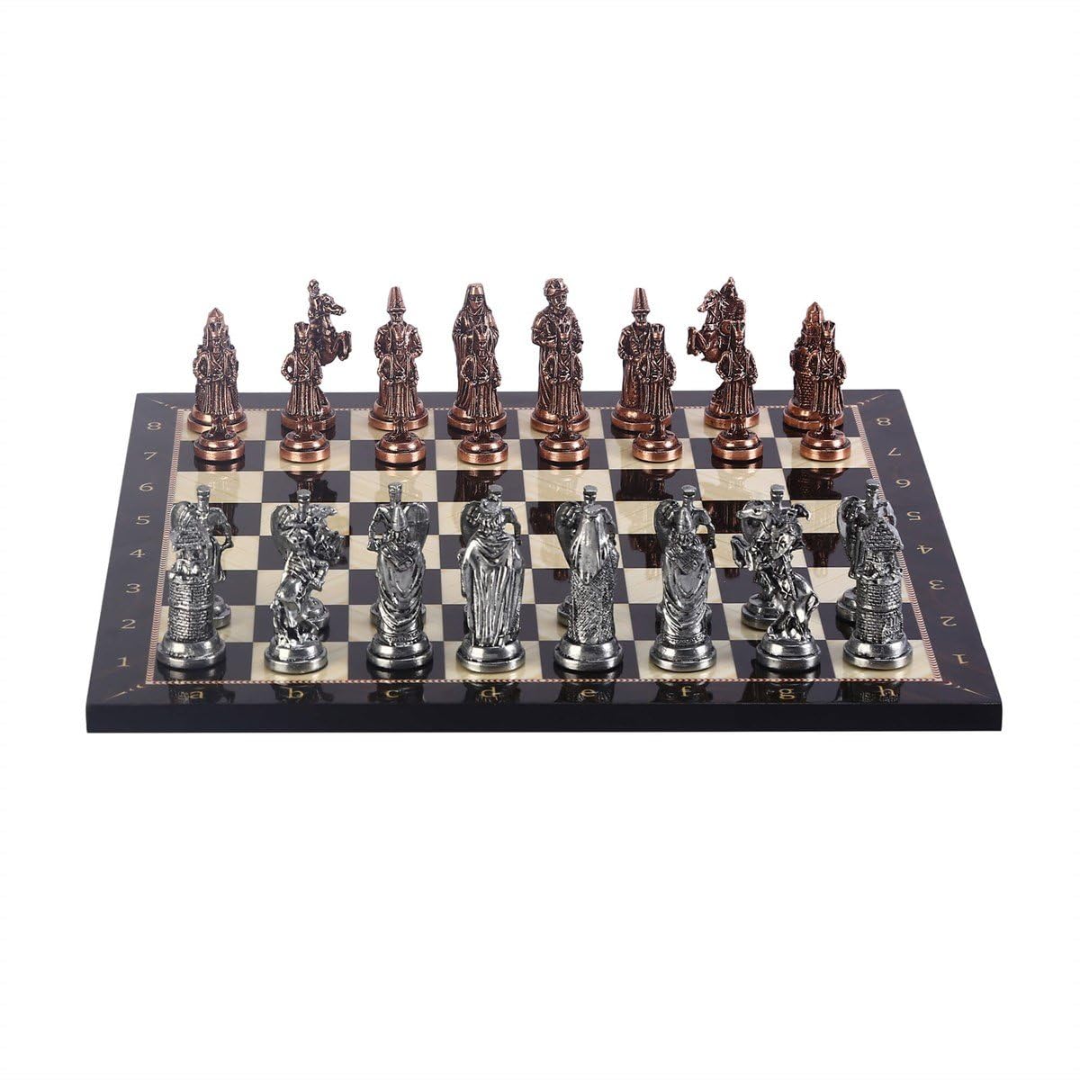 GiftHome Büyük Boy Metal Osmanlı Bizans Satranç Takımı Antik ve Ceviz Desenli MDF Ahşap Satranç Tahtası (37x37 cm.)