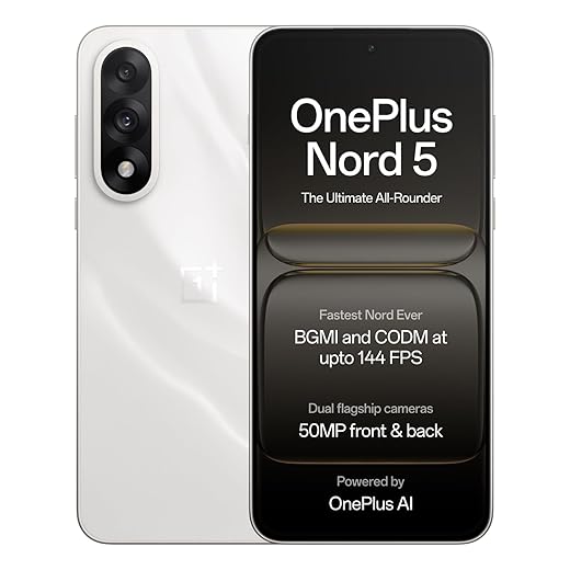 OnePlus Nord 5 | Snapdragon 8s Gen 3 | Stable 144FPS Gaming | Dual 50MP Flagship Camera | Powered by OnePlus AI | 8GB + 256GB | Marble Sands