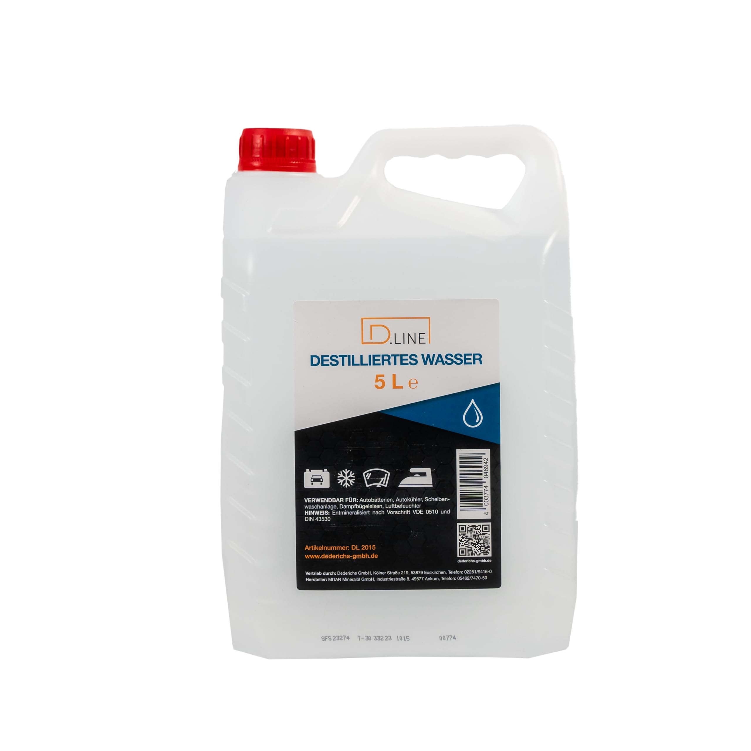 D.LINE Acqua distillata 5 litri, demineralizzata secondo la norma VDE 0510 e DIN 43530 (4 x 5 litri)