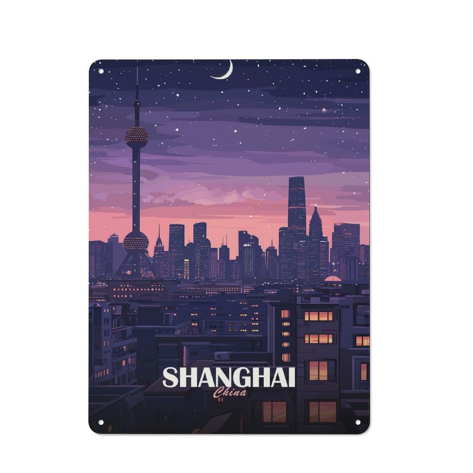 Junmoney Style-13 Shanghai China Cityscape At Night Rustic Tin Sign 40X30cm For Living Room Wall, Suited To Home Wall Decor Collectors