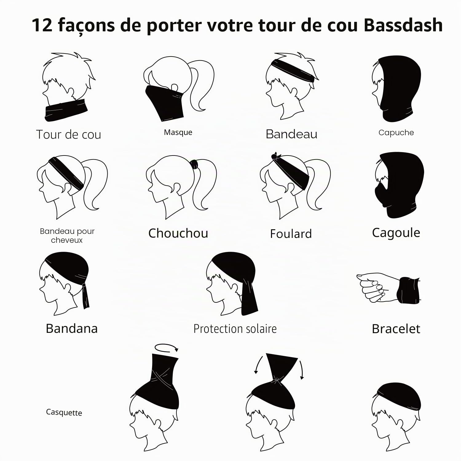 Bassdash Cache-cou multifonction, bandeau bandana, foulard, masque facial UPF 50 +, protection UV multifonction, écharpe magique, bandeau élastique pour l'équitation, la moto, la randonnée, la pêche