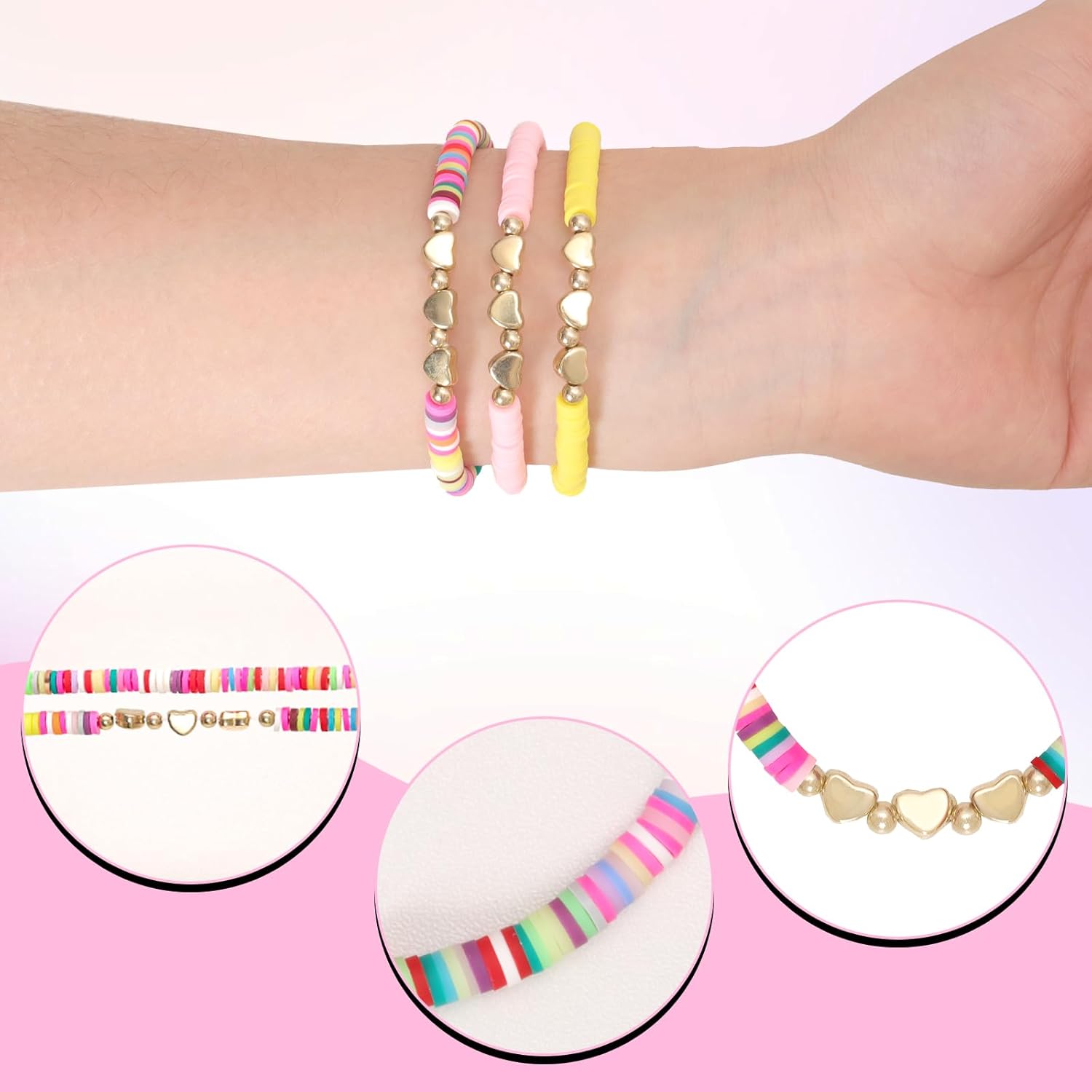 24 Pcs Colorful Friendship Bracelets Heart Beaded Bracelets for Women Stretch Surfer Beach Bracelet Cute Clay Beads Stack Party Favors Gifts - Image 3