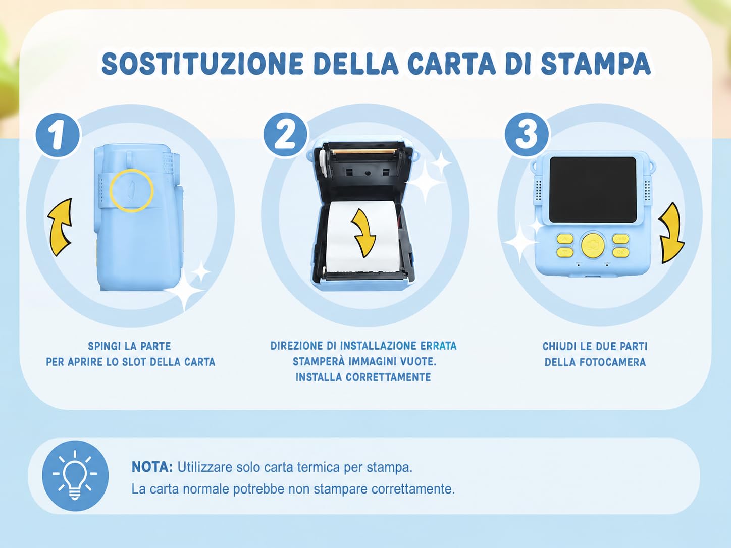Fotocamera Istantanea Digitale per Bambini con Stampa Termica con 3 ROTOLI piu di 150 Foto, Registra i Video, Modalità MP3, Playback Multimediale e Giochi Integrati (Azzurro)